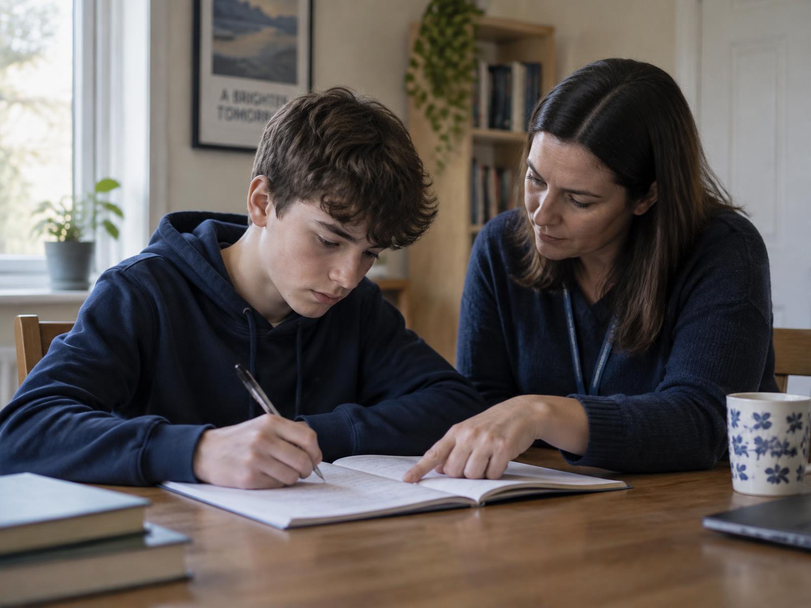 A young person writing in an exercise book alongside an education practitioner at a table